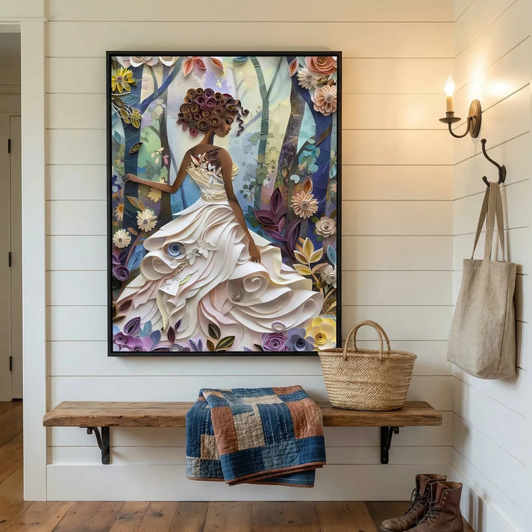 Black farmhouse wall decor in shiplap mudroom with patchwork quilt and woven basket, paper-quilled Black girl art, abstract. Digital mockup.