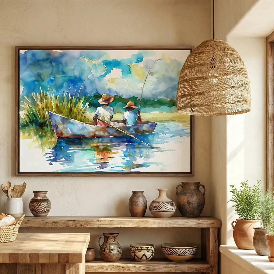 Gullah Geechee art in Mediterranean kitchen with blue Spanish tile, two Black boys fishing creek watercolor. Digital mockup.