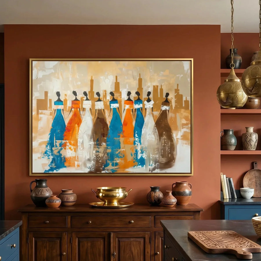 Afrohemian home decor wall art in eclectic kitchen with terracotta wall and navy cabinets, African women heritage silhouettes. Digital mockup.