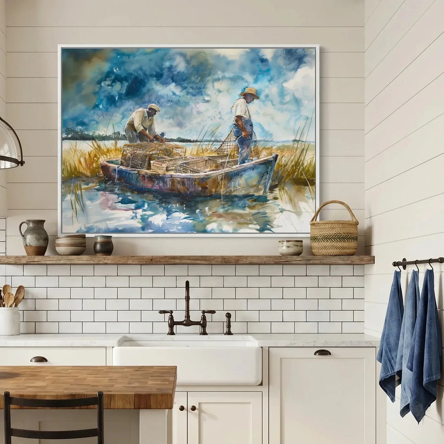 Gullah Geechee art in farmhouse kitchen with shiplap and apron sink, watercolor of Black men crabbing in marsh. Digital mockup.
