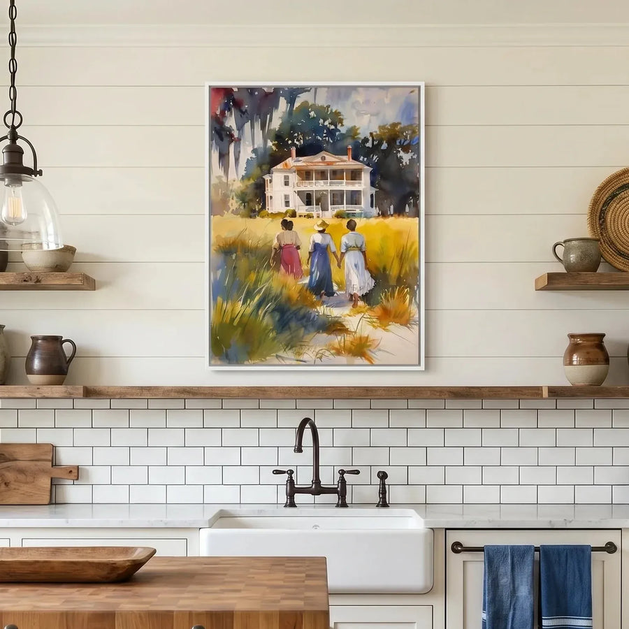 Lowcountry art in farmhouse kitchen with shiplap and apron sink, three Black women walking watercolor. Digital mockup.