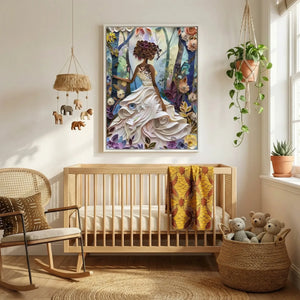 Black art for nursery walls in scandi nursery with light wood crib and African animals, paper-quilled Black girl art. Digital mockup.