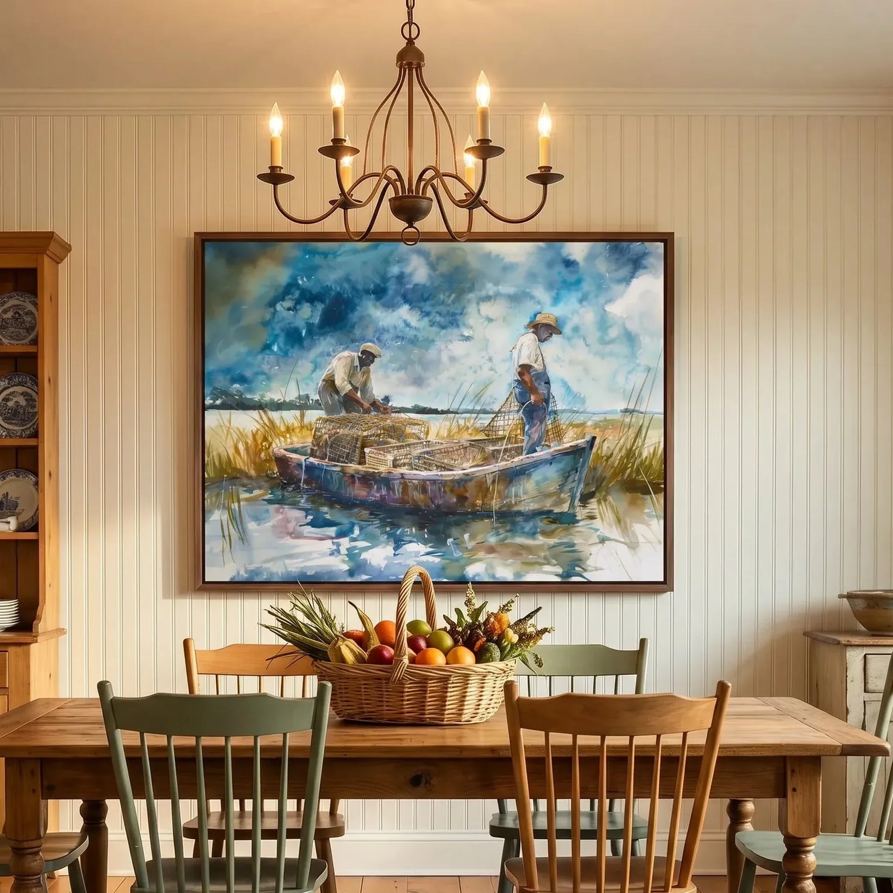 Gullah Geechee art in cottage dining room with sage Windsor chairs and china hutch, Black men crabbing scene. Digital mockup.