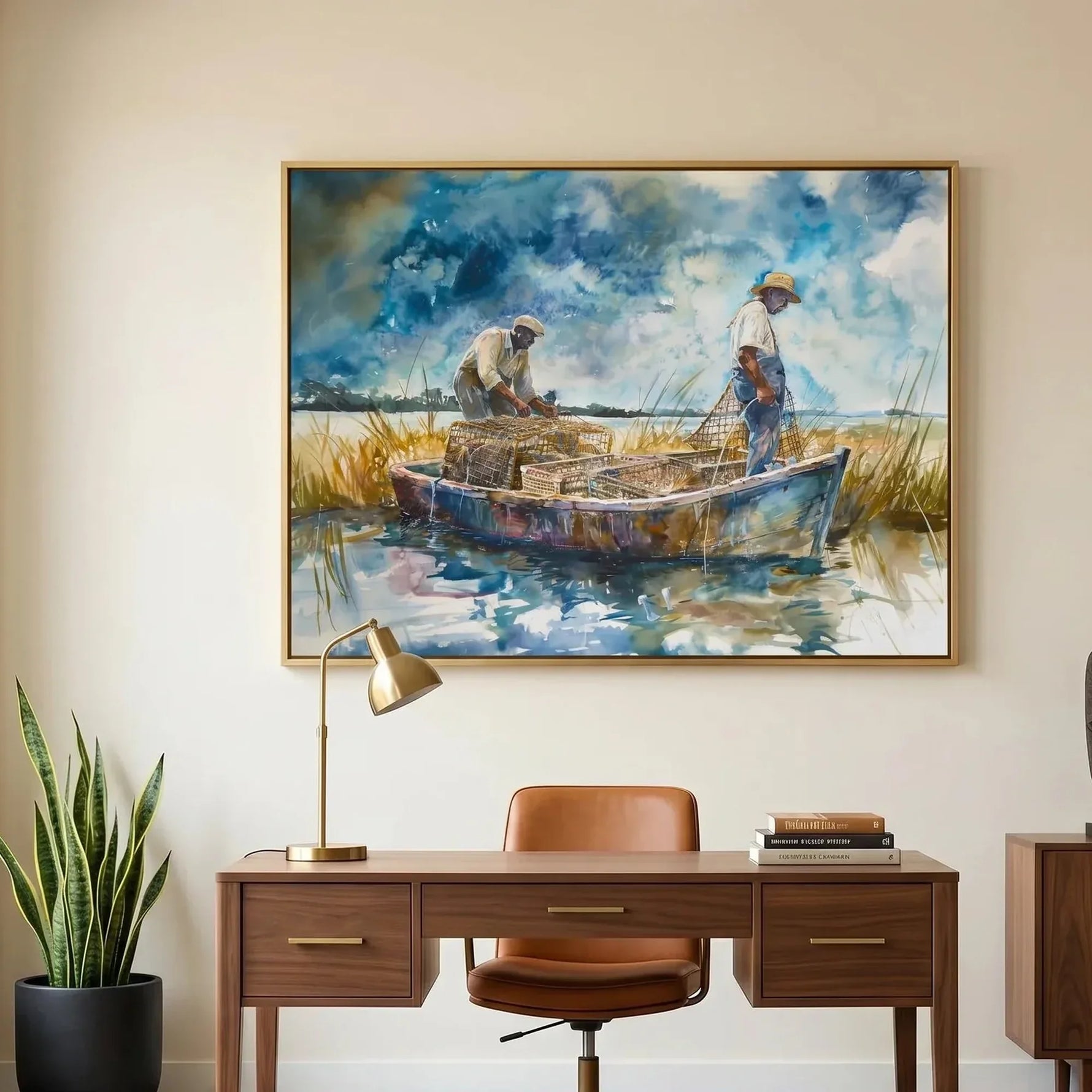 Gullah Geechee art in mid-century workspace with walnut desk and African mask, Black men crabbing watercolor. Digital mockup.