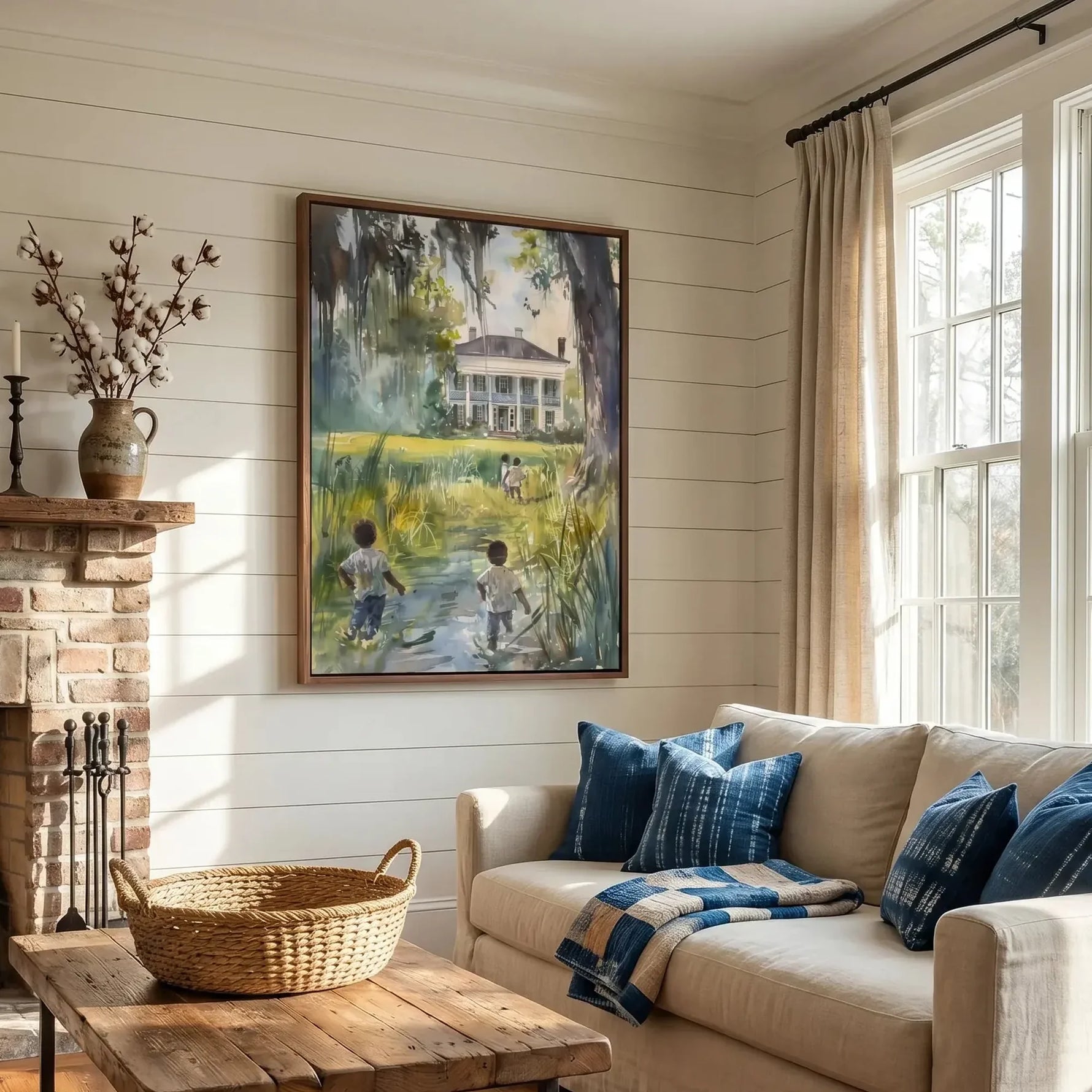 Lowcountry art in living room with mantel and shiplap, Black children walking lowcountry watercolor. Digital mockup.