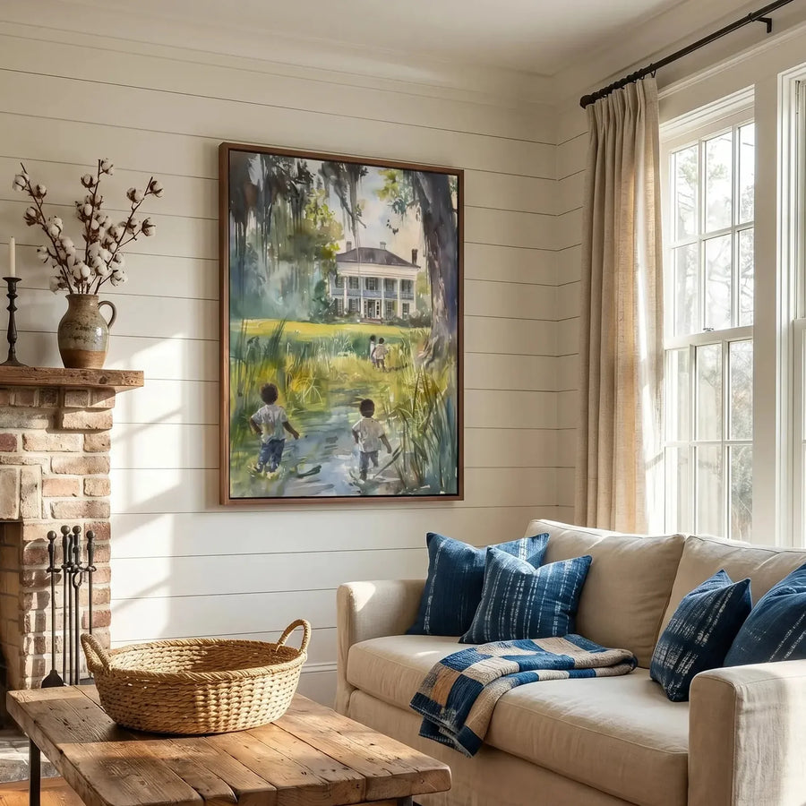 Lowcountry art in living room with mantel and shiplap, Black children walking lowcountry watercolor. Digital mockup.