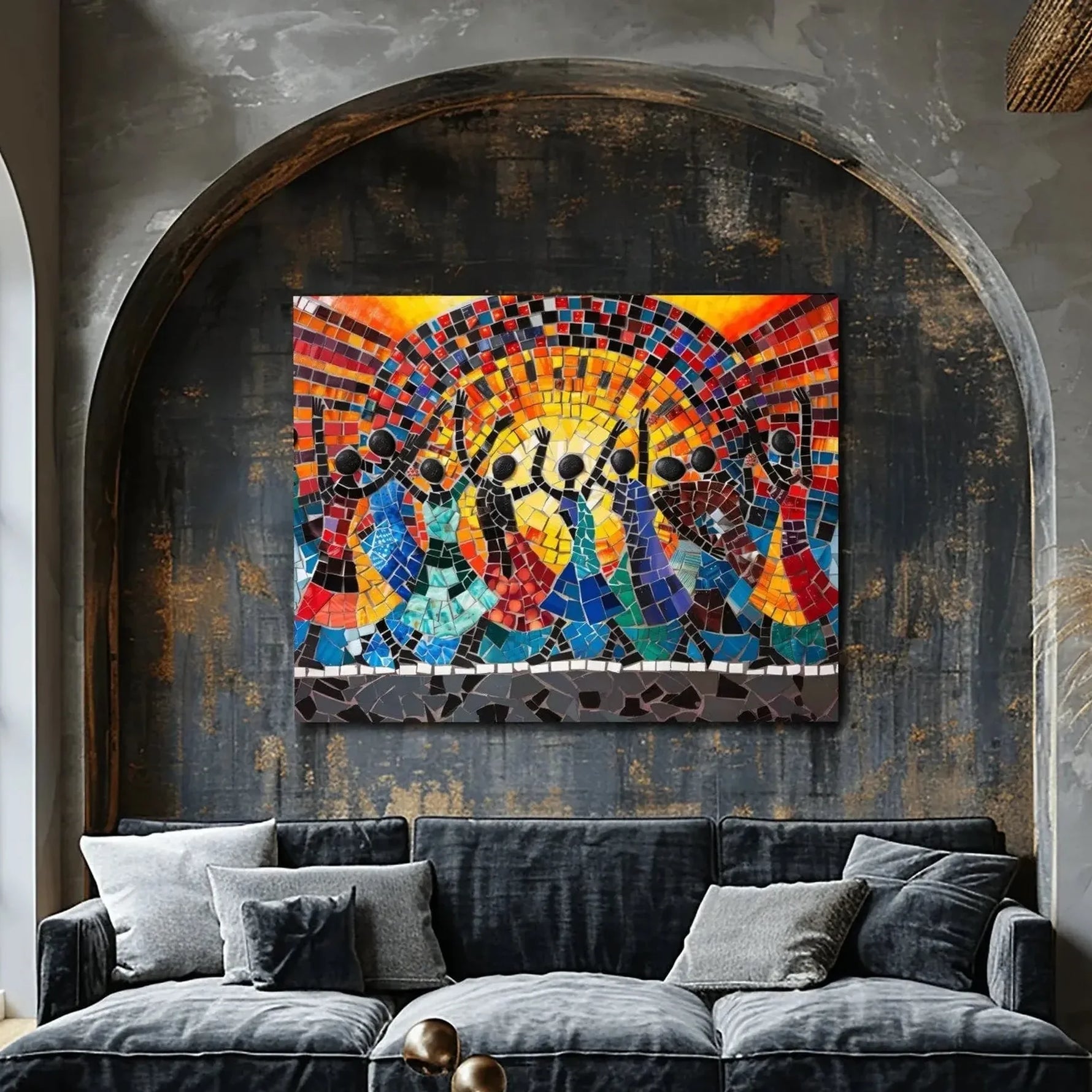 Urban Black aesthetic wall art in industrial loft with charcoal velvet sofa and arched window, mosaic African dancers art. Digital mockup.