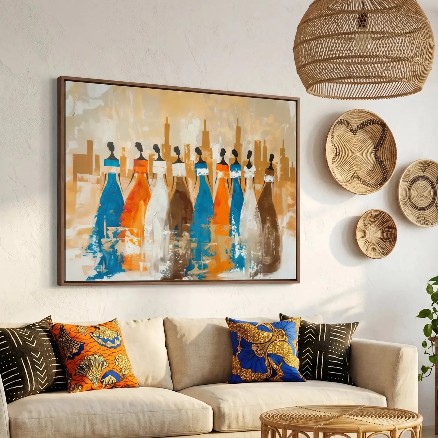 Modern African tribal wall decor in boho living room with mudcloth pillows and African baskets, African women silhouettes. Digital mockup.