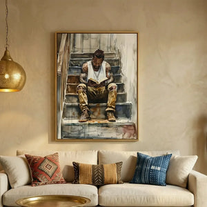 Afrohemian home decor wall art in boho Moroccan living room with brass pendant, watercolor Black man reading on stairs. Digital mockup.