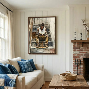 Black farmhouse wall decor in shiplap mudroom with patchwork quilt and wood bench, watercolor Black man reading on stairs. Digital mockup.