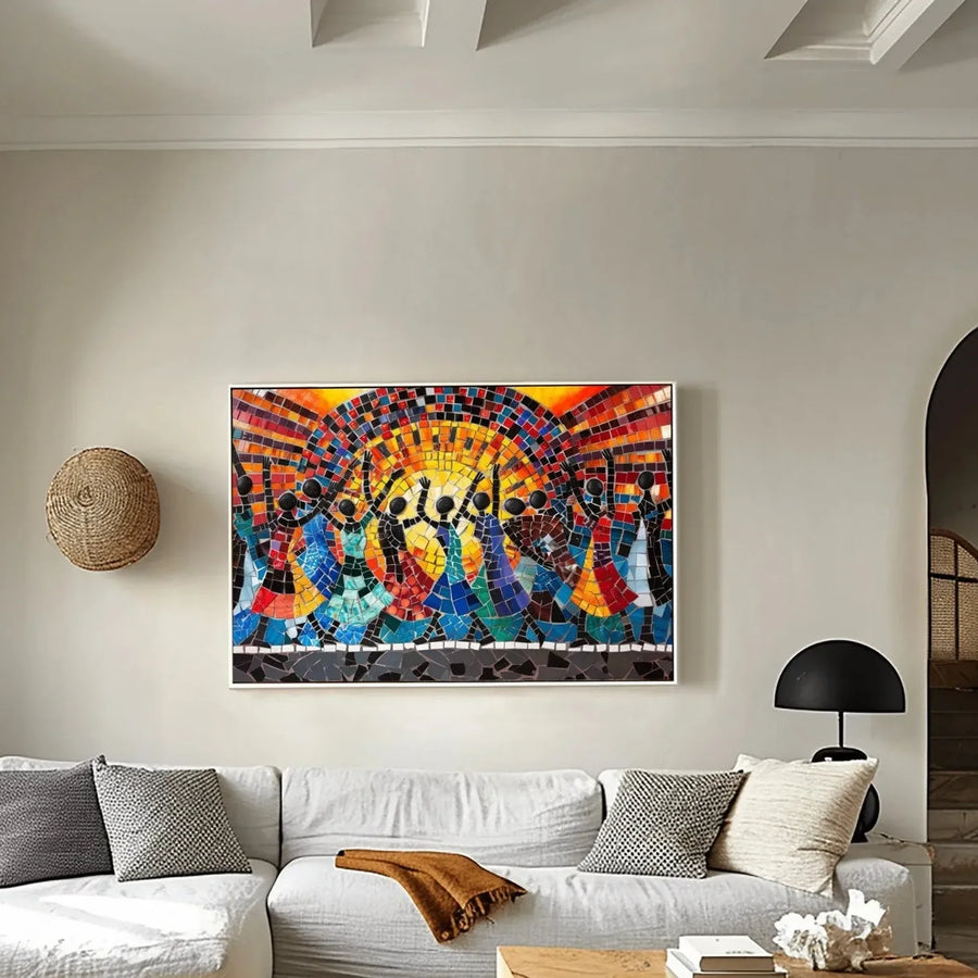African mosaic tribal canvas in Mediterranean living room with white sectional, mosaic African dancers celebrating sun. Digital mockup.