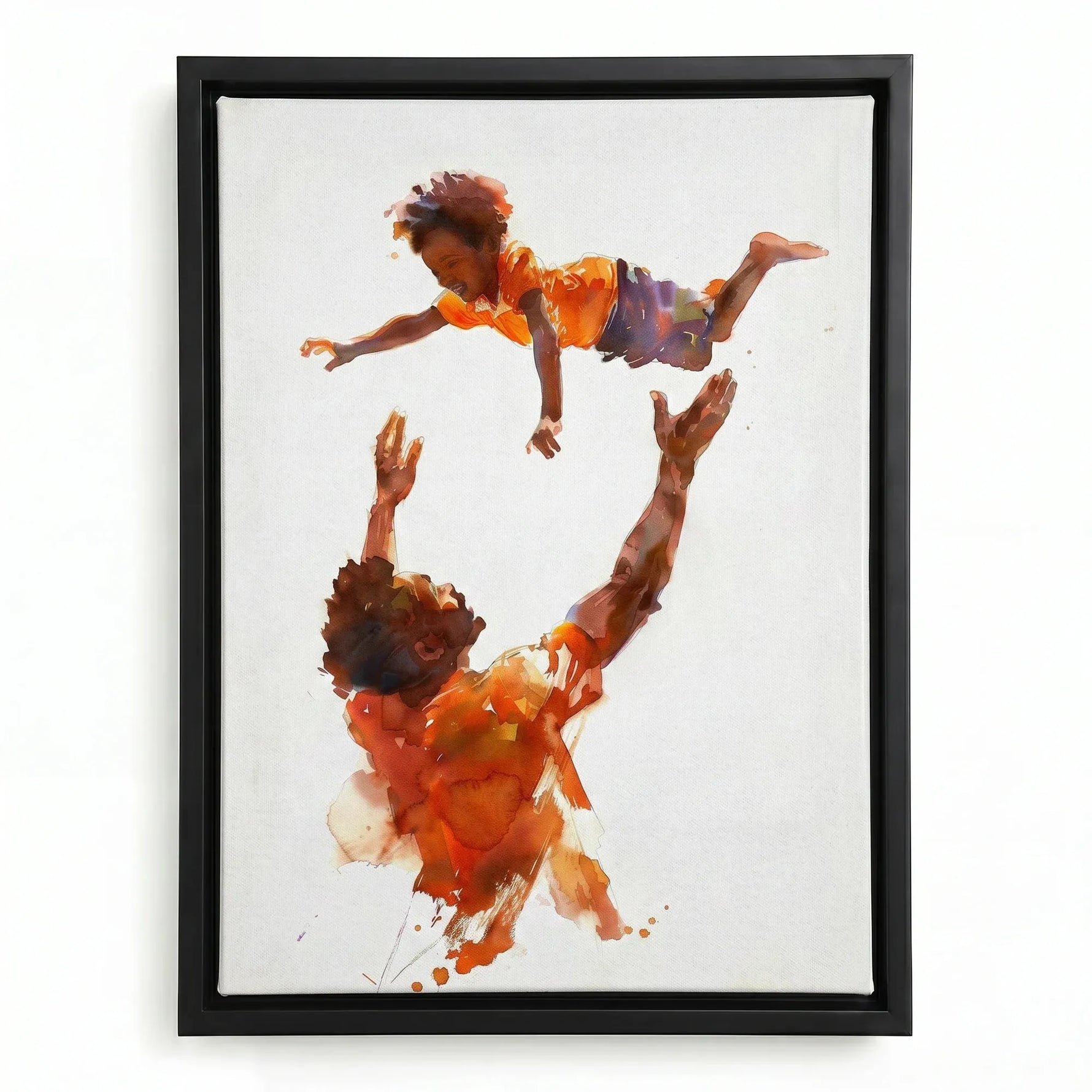 Black father and son canvas art in black floating frame, watercolor Black father playfully tossing son in the air. Digital mockup.