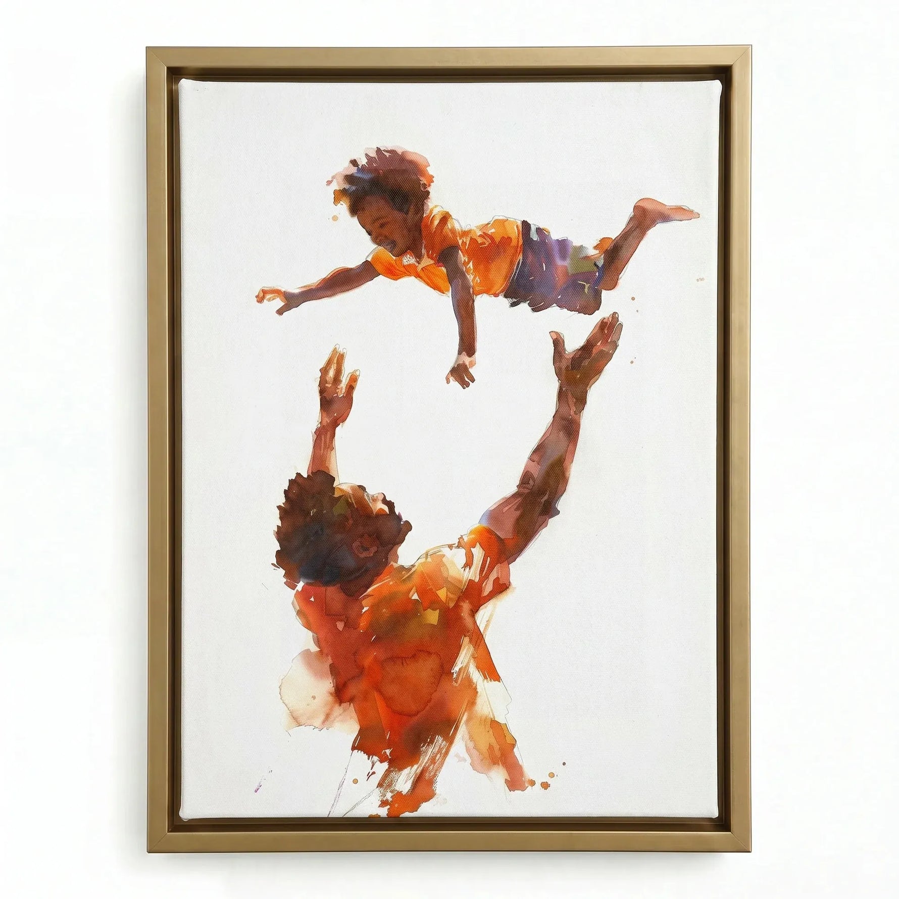 Black father and son canvas art in gold floating frame, vibrant orange watercolor Black father tossing his son in air. Digital mockup.