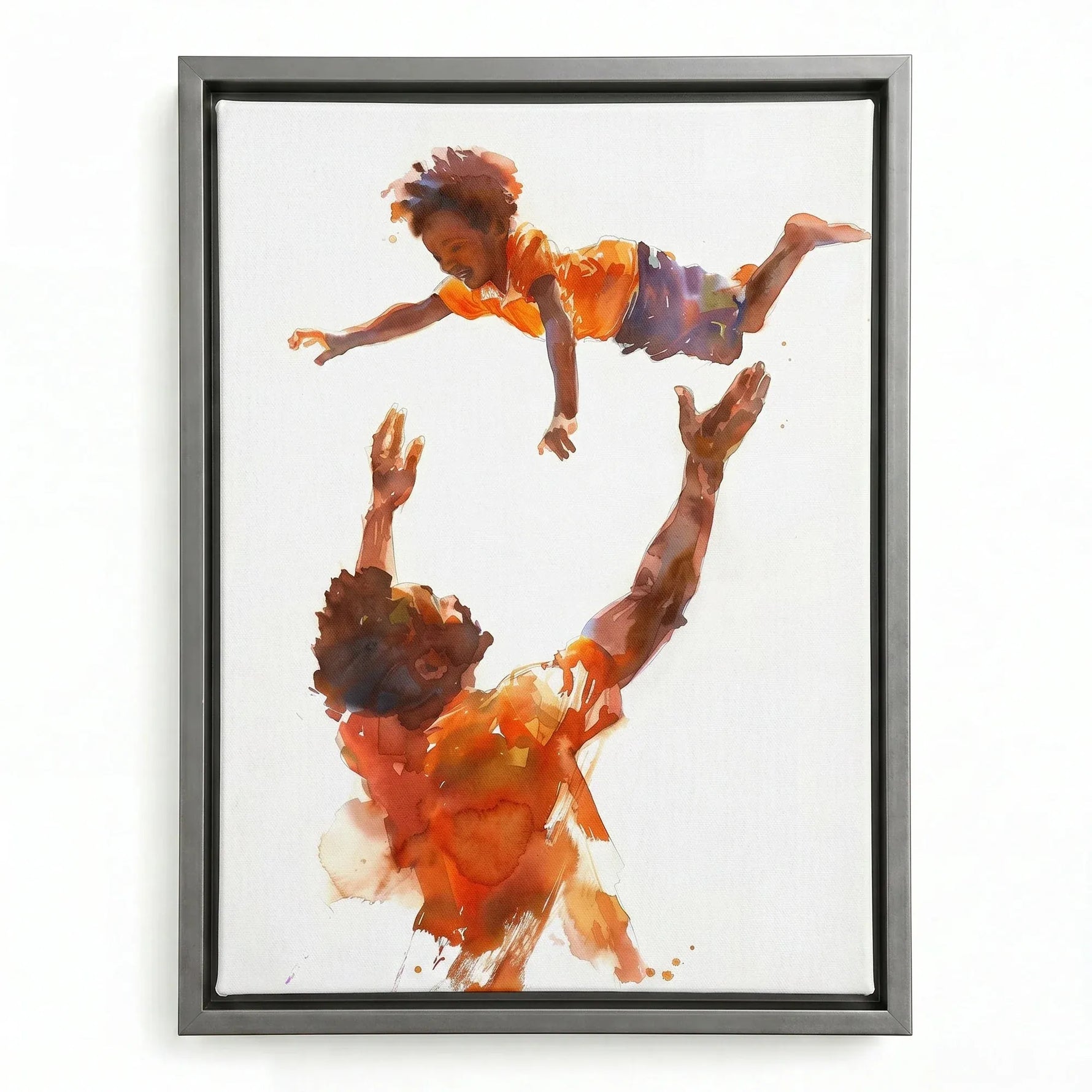Black father and son canvas art in silver floating frame, modern watercolor Black father tossing his son in the air. Digital mockup.