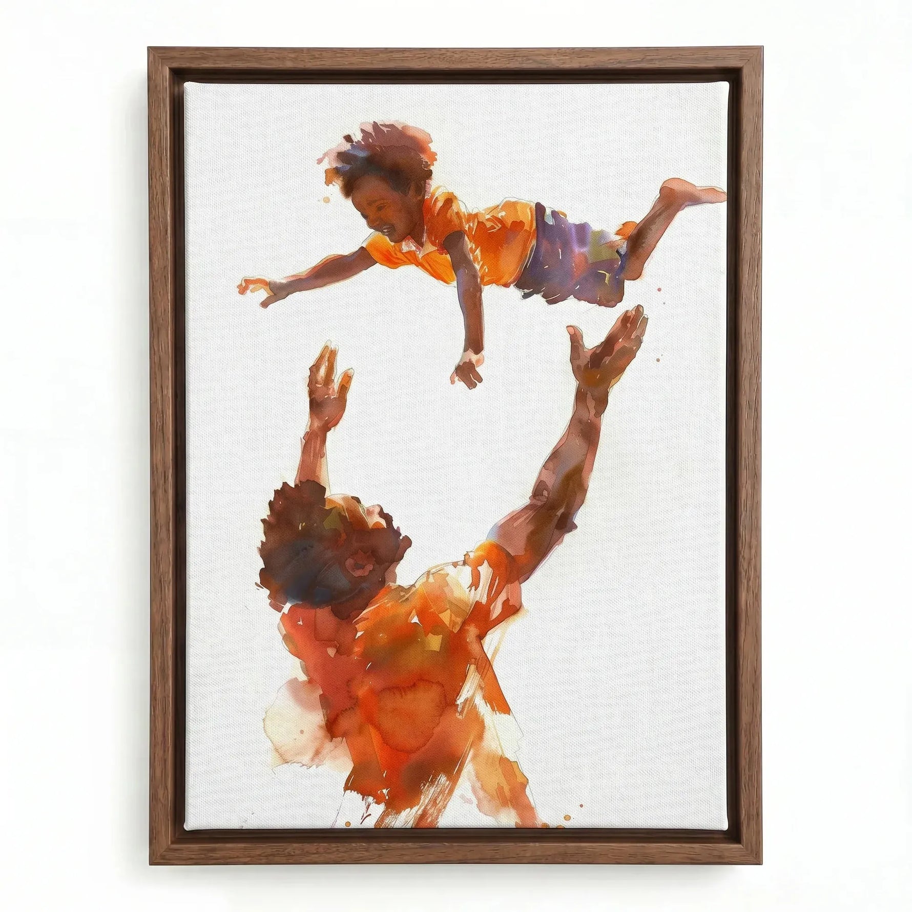 Black father and son canvas art in walnut floating frame, watercolor Black father tossing his son into the air. Digital mockup.
