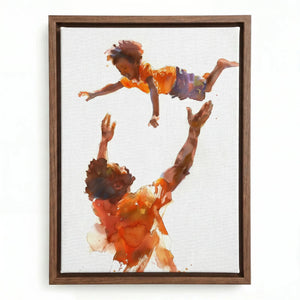 Black father and son canvas art in walnut floating frame, watercolor Black father tossing his son into the air. Digital mockup.