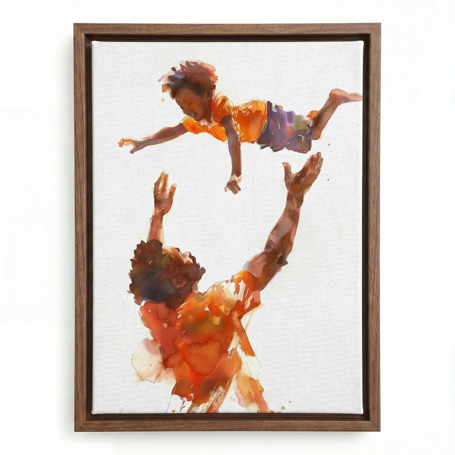Black father and son canvas art in walnut floating frame, watercolor Black father tossing his son into the air. Digital mockup.