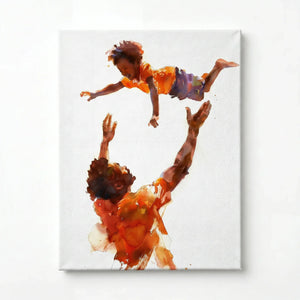 Black father and son canvas art stretched canvas, ready to hang. Watercolor Black father tossing his son in the air. Digital mockup.