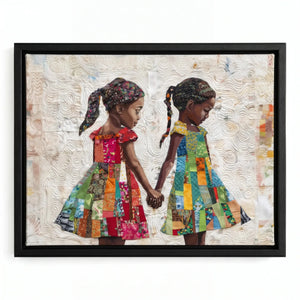 Hand-stitched look melanin canvas in black floating frame, two Black girl children holding hands in patchwork dresses. Digital mockup.