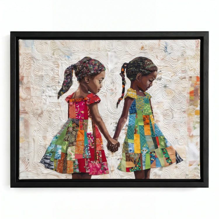 Hold Me canvas in black floating frame, Afro boho living room art. Digital mockup.