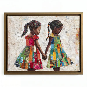 Hand-stitched look melanin canvas in gold floating frame, two Black girls in patchwork dresses holding hands, quilt art. Digital mockup.