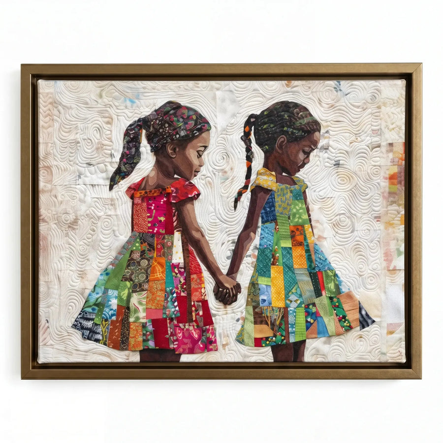Hand-stitched look melanin canvas in gold floating frame, two Black girls in patchwork dresses holding hands, quilt art. Digital mockup.