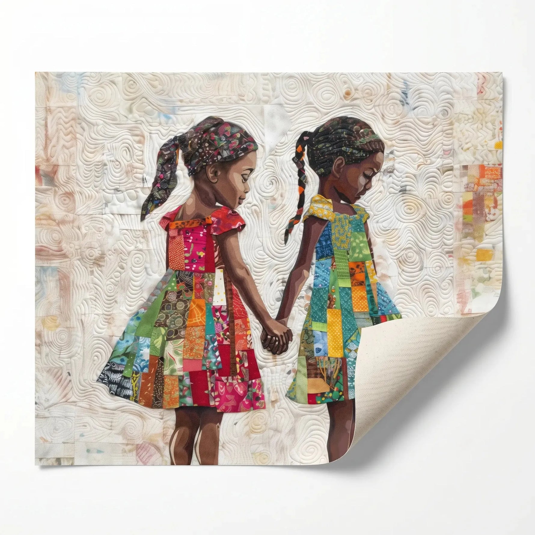 Hand-stitched look melanin rolled print ready for custom framing, Black girl sister children holding hands quilt art. Digital mockup.