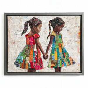 Hand-stitched look melanin canvas in silver floating frame, modern Black sister children holding hands, textile art style. Digital mockup.