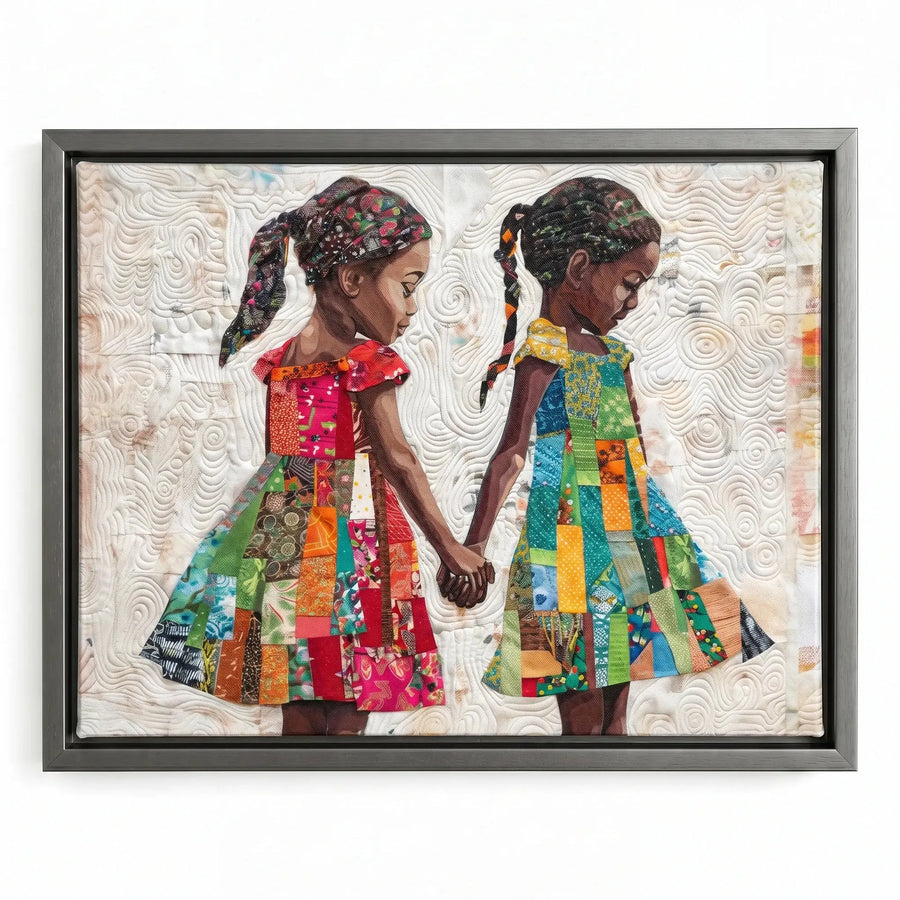 Hand-stitched look melanin canvas in silver floating frame, modern Black sister children holding hands, textile art style. Digital mockup.