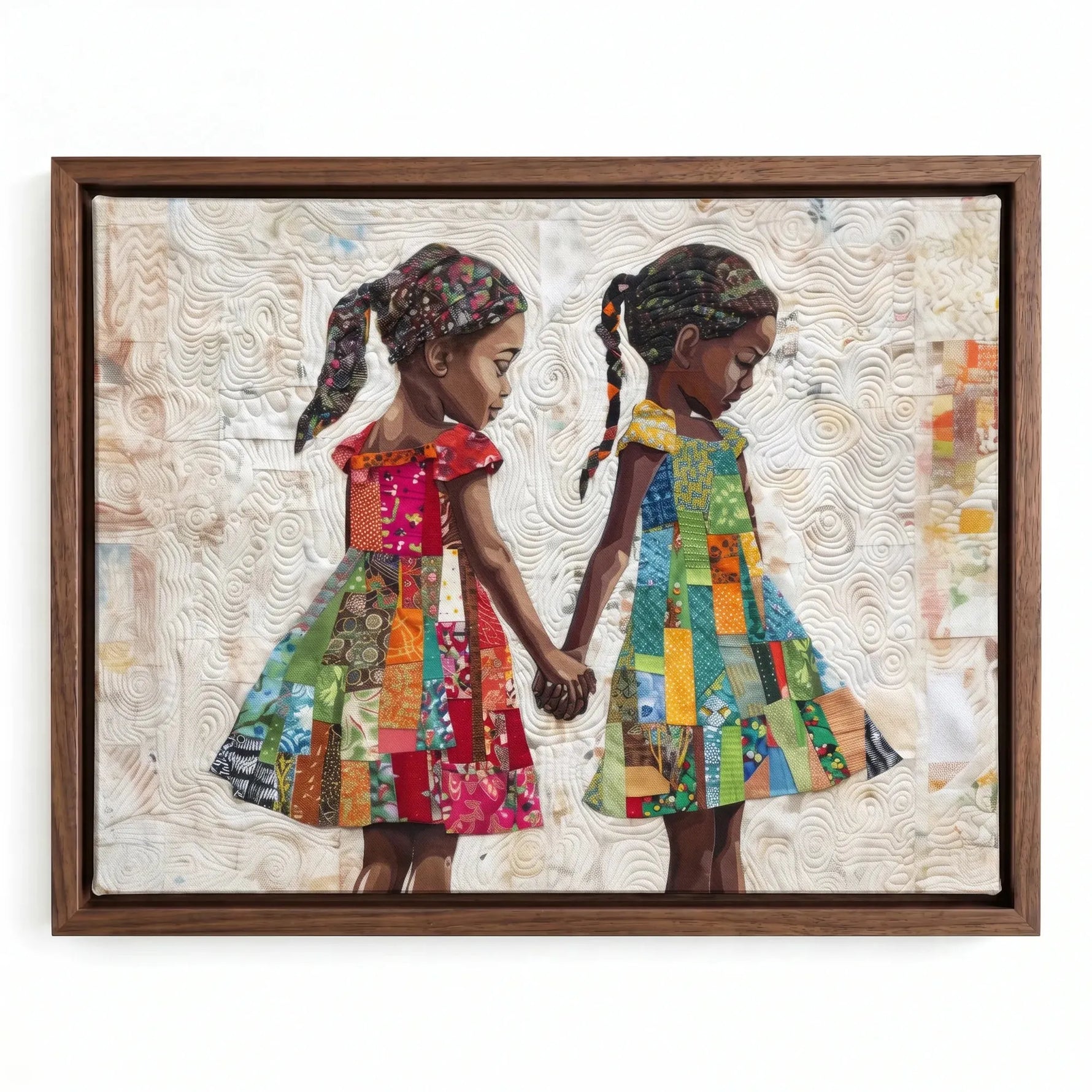 Hand-stitched look melanin canvas in walnut floating frame, painterly Black sister children in colorful patchwork dresses. Digital mockup.