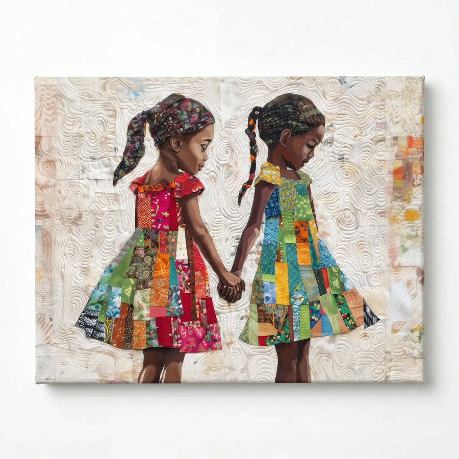 Hand-stitched look melanin stretched canvas, ready to hang. Two Black girl children holding hands in patchwork dresses. Digital mockup.