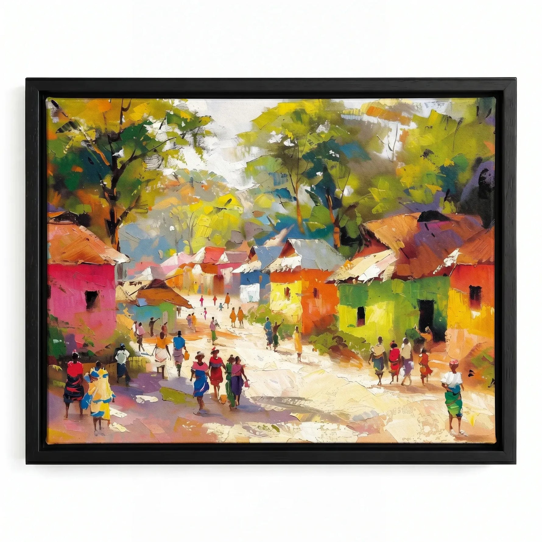 African landscape paintings in black floating frame, vibrant impressionist colorful African village with villagers. Digital mockup.