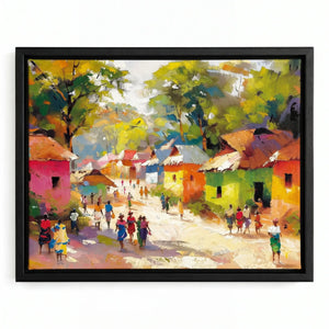 African landscape paintings in black floating frame, vibrant impressionist colorful African village with villagers. Digital mockup.