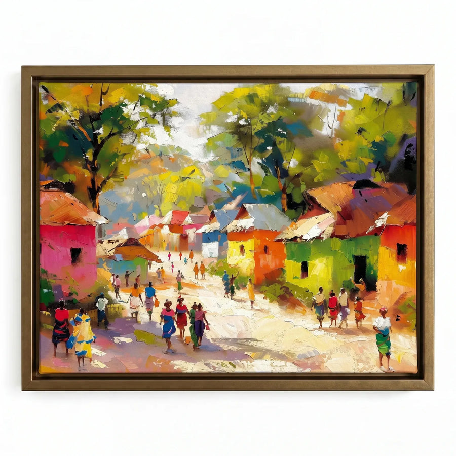 African landscape paintings in gold floating frame, sun-dappled colorful African village scene with villagers. Digital mockup.