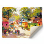African landscape paintings rolled canvas print ready for custom framing, colorful African village impressionist scene. Digital mockup.