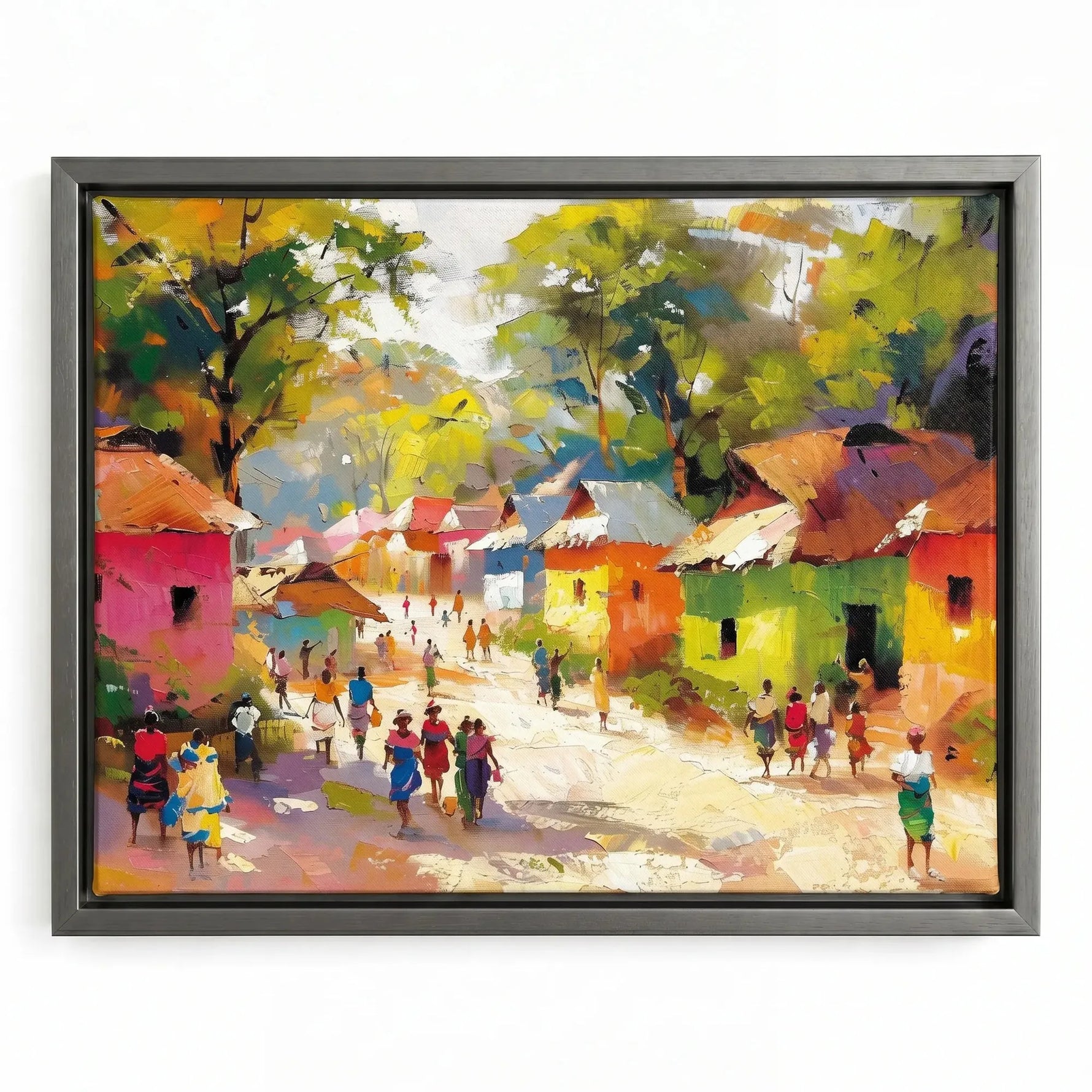 African landscape paintings in silver floating frame, modern colorful African village impressionist painting. Digital mockup.