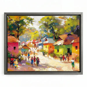 African landscape paintings in silver floating frame, modern colorful African village impressionist painting. Digital mockup.