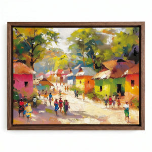 African landscape paintings in walnut floating frame, painterly colorful African village houses and villagers. Digital mockup.