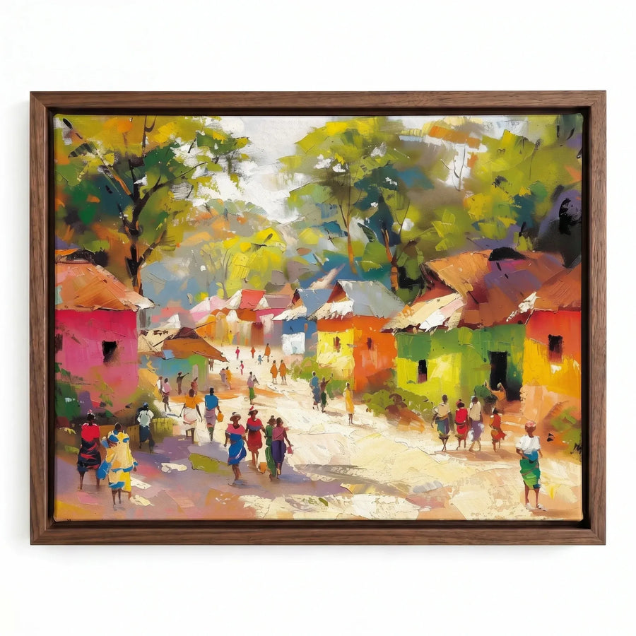 African landscape paintings in walnut floating frame, painterly colorful African village houses and villagers. Digital mockup.