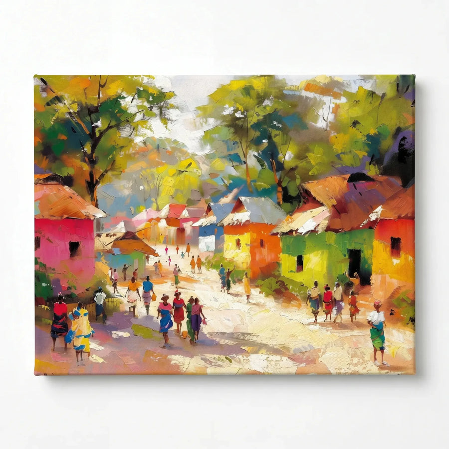 African landscape paintings stretched canvas, ready to hang. Colorful African village with villagers walking path. Digital mockup.