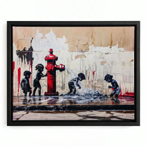 Urban Black aesthetic wall art in black floating frame, Black children playing with fire hydrant in summer street art. Digital mockup.