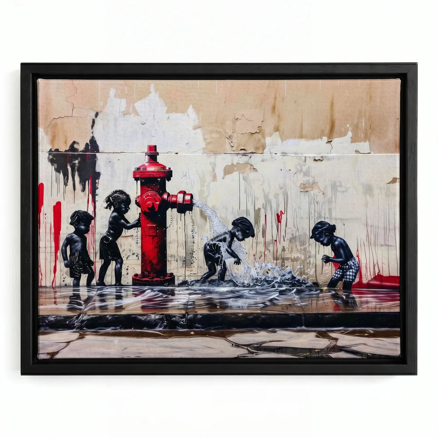Urban Black aesthetic wall art in black floating frame, Black children playing with fire hydrant in summer street art. Digital mockup.
