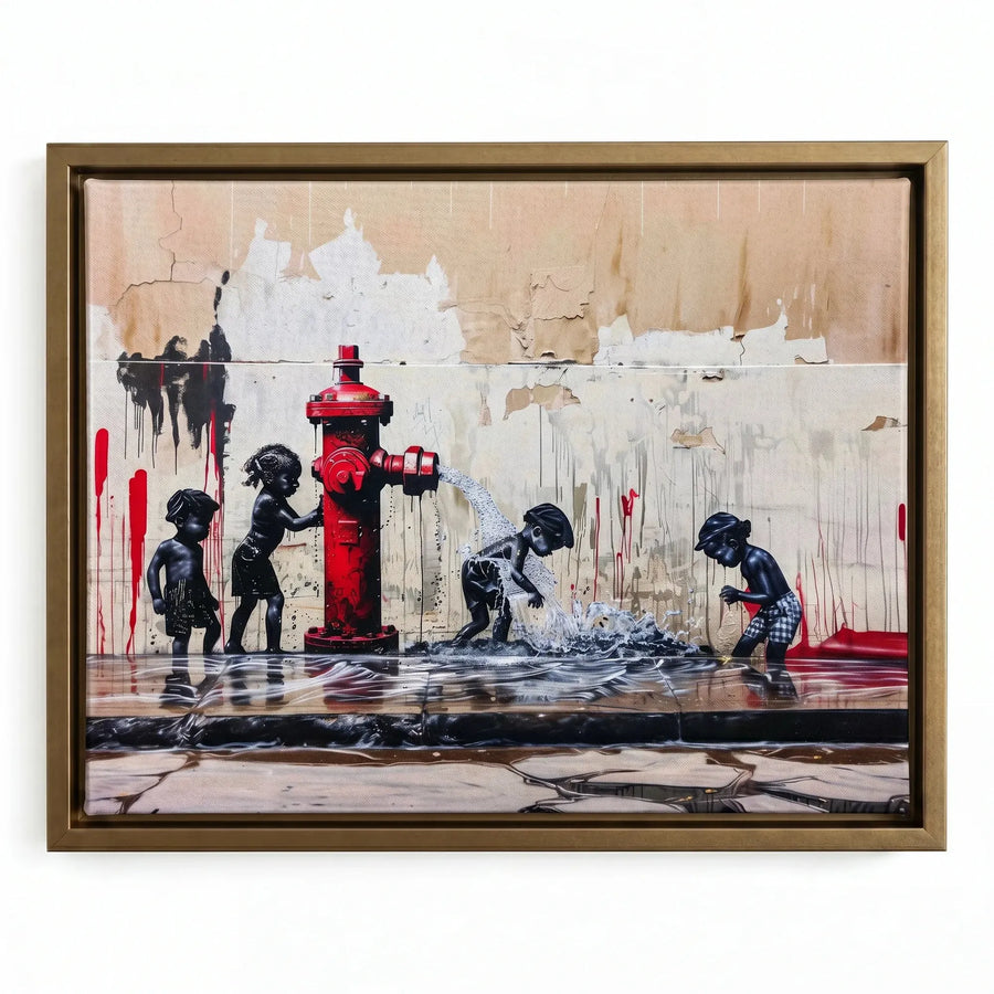 Urban Black aesthetic wall art in gold floating frame, joyful Black children with fire hydrant on graffiti wall, oil painting. Digital mockup.