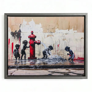 Urban Black aesthetic wall art in silver floating frame, modern Black children playing with hydrant urban art, oil painting. Digital mockup.