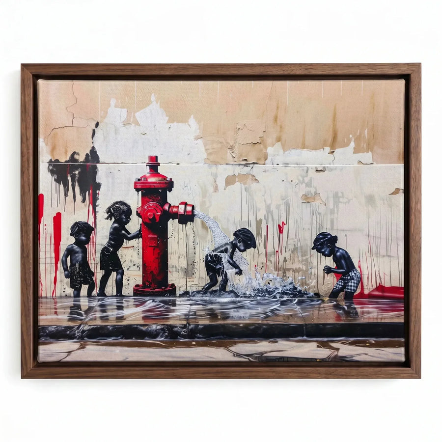 Urban Black aesthetic wall art in walnut floating frame, four Black children playing with hydrant urban street oil painting. Digital mockup.