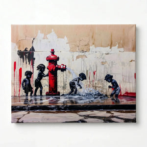 Urban Black aesthetic wall art stretched canvas, ready to hang. Four Black children playing with fire hydrant, oil painting. Digital mockup.