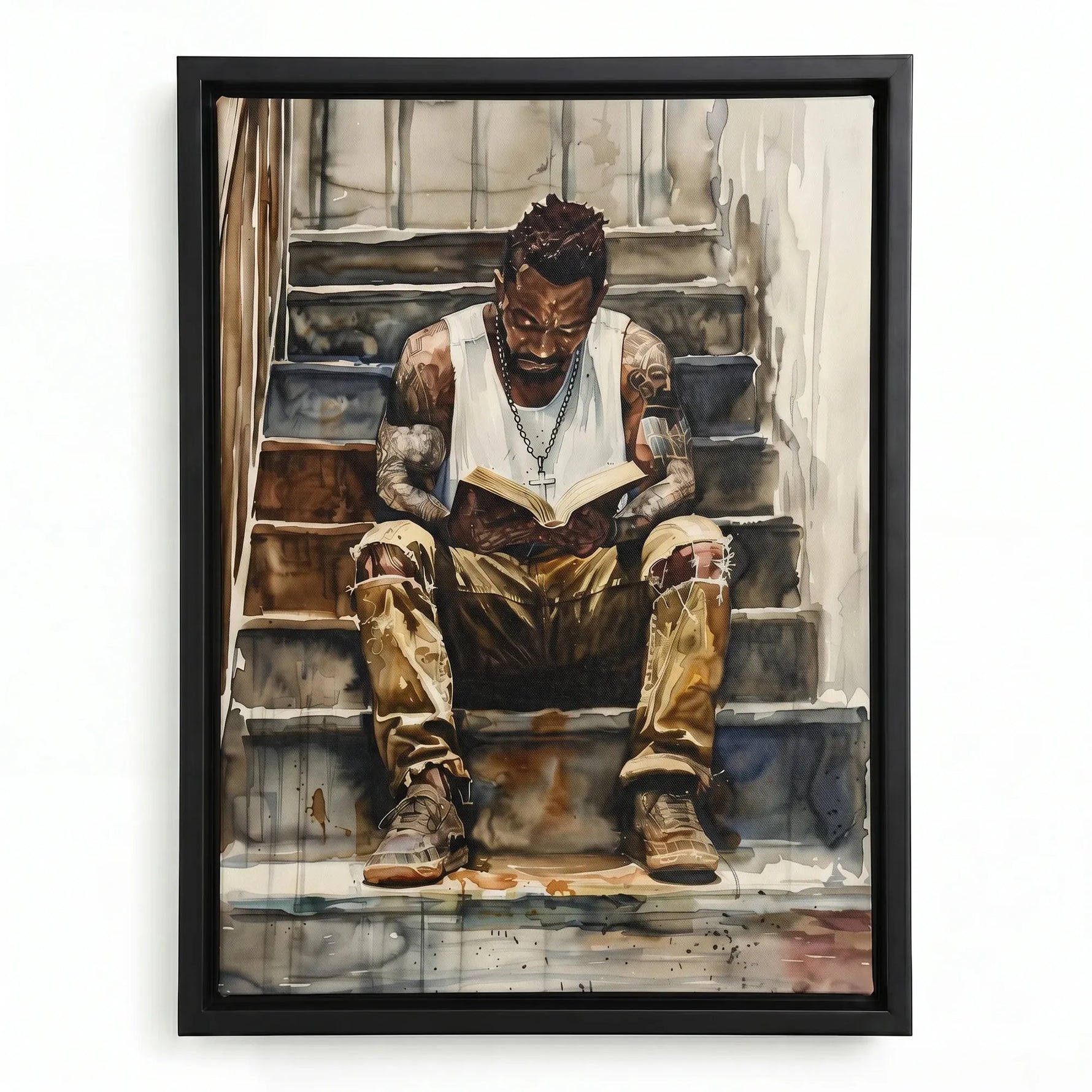Black man reading nook in black floating frame, watercolor portrait of tattooed Black man reading book on stairs. Digital mockup.