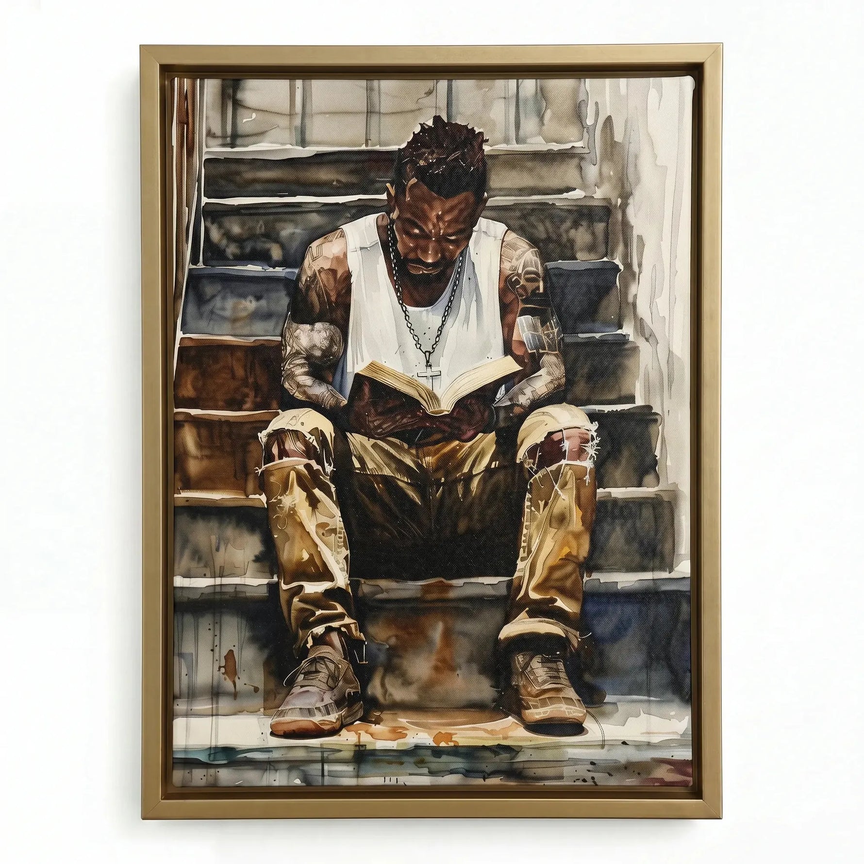 Black man reading nook in gold floating frame, contemplative watercolor of Black man reading book on stairs. Digital mockup.