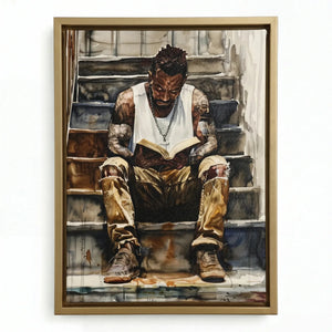 Black man reading nook in gold floating frame, contemplative watercolor of Black man reading book on stairs. Digital mockup.