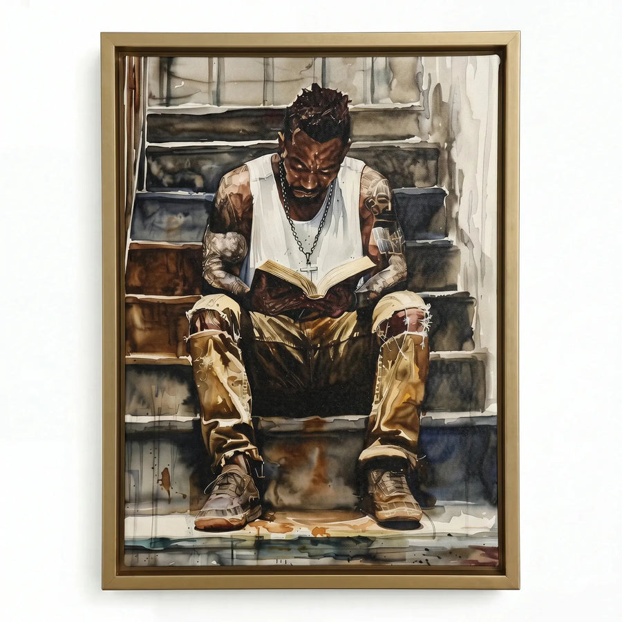 Black man reading nook in gold floating frame, contemplative watercolor of Black man reading book on stairs. Digital mockup.